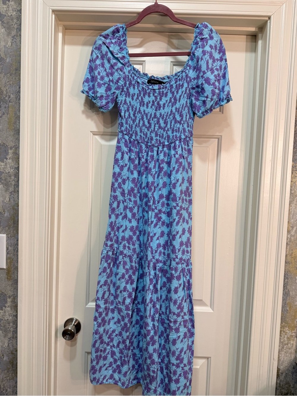 Amazon Blue and Purple Floral Maxi Dress with Puff Sleeves